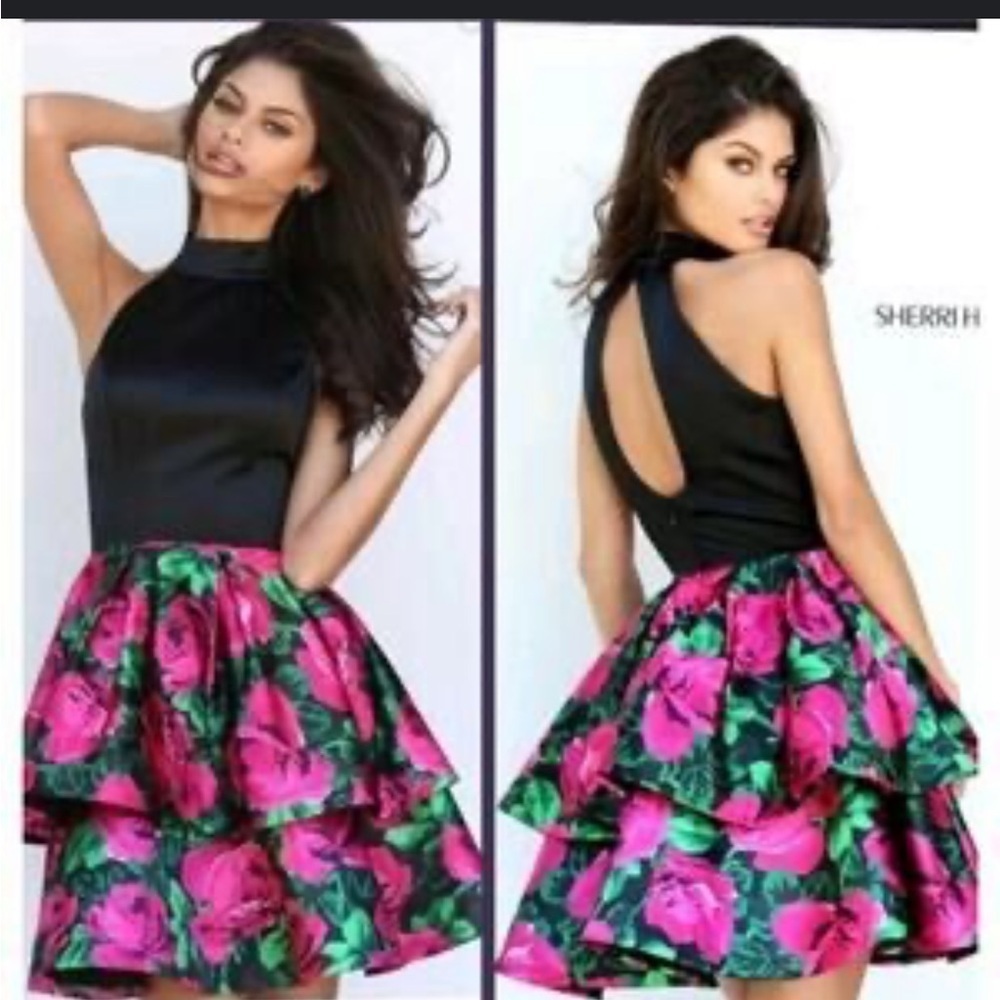 SHERRI HILL Black and floral prom pageant dress size 8 style 50721